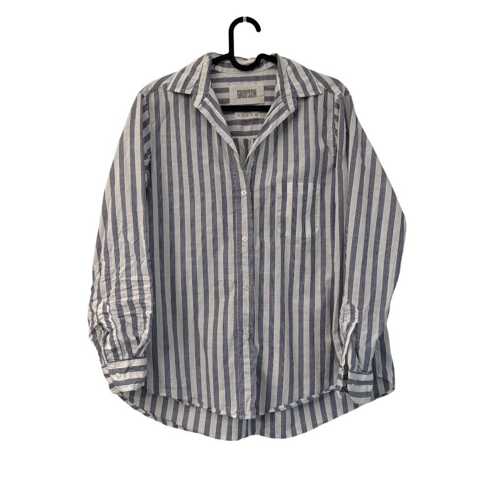 Frank Eileen Grayson White Blue Striped Cotton Hero Button Shirt Womens Small